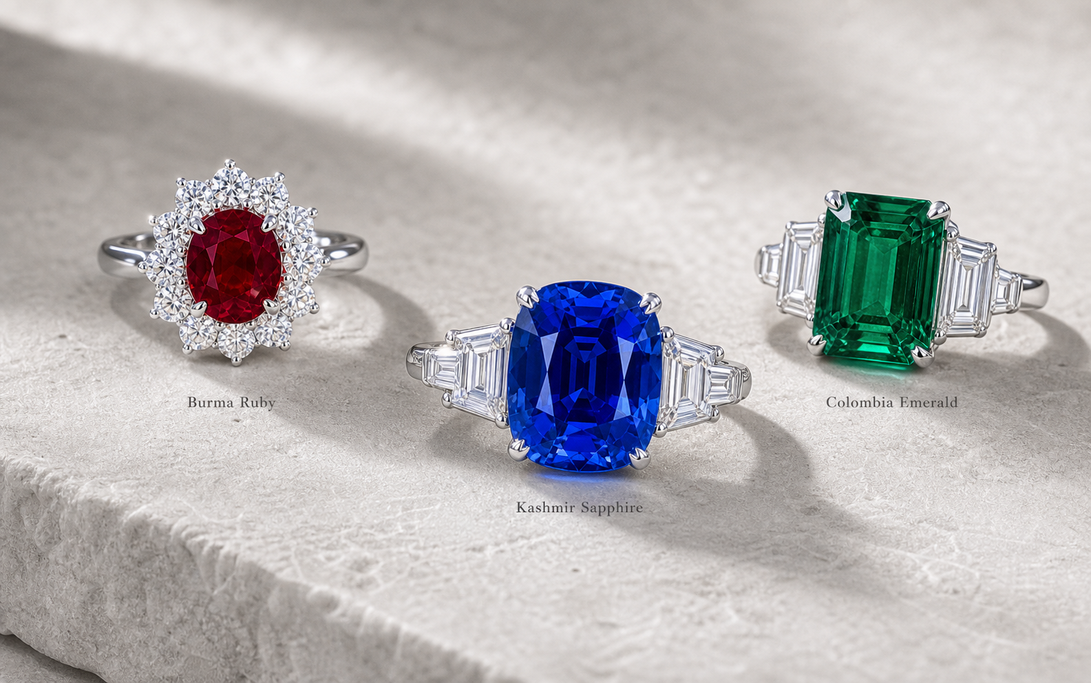 Auction-grade Kashmir sapphire, Burma ruby and Colombia emerald rings