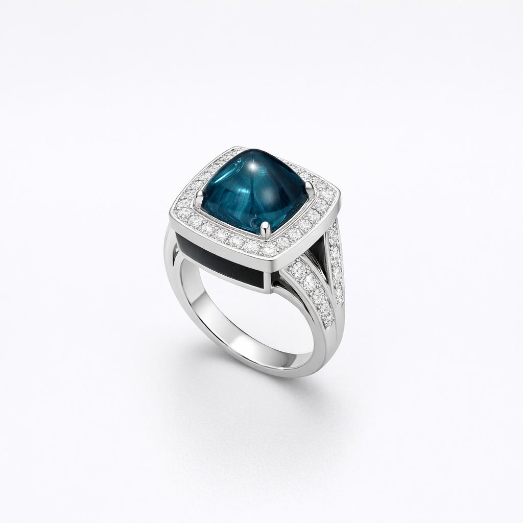 Natural Sugarloaf Cut Indicolite Tourmaline Cocktail Ring