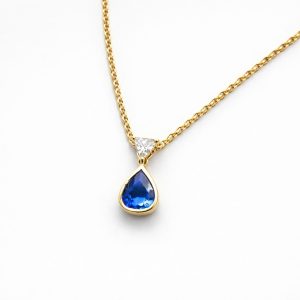 Pearshape Blue Sapphire Pendant with Chain Solid 18K Yellow Gold