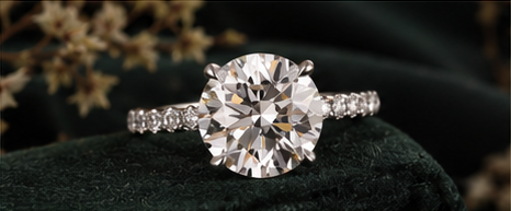 Editorial styling image of a diamond ring on dark fabric